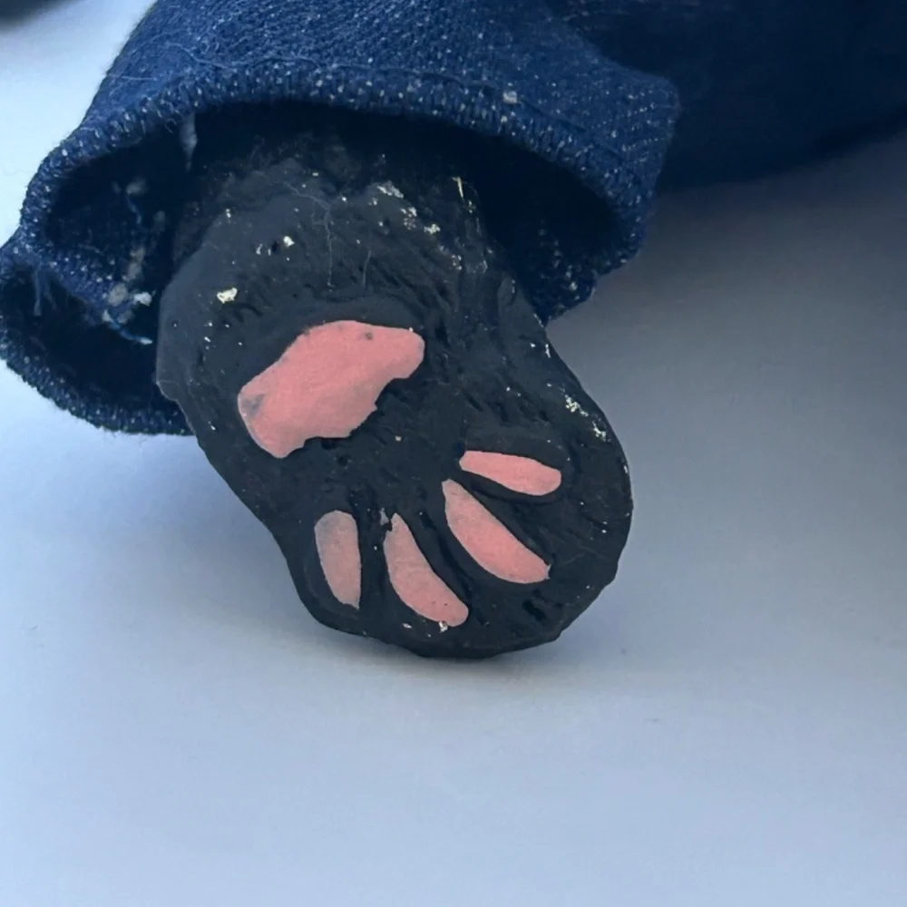 Primitive Looking Black Cat Figurine Handmade Folk Art Doll in‎ Denim Overalls